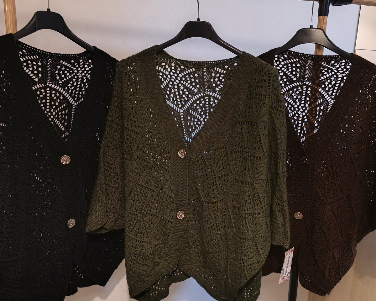 Cárdigan de punto con diseño calado para otoño/invierno.